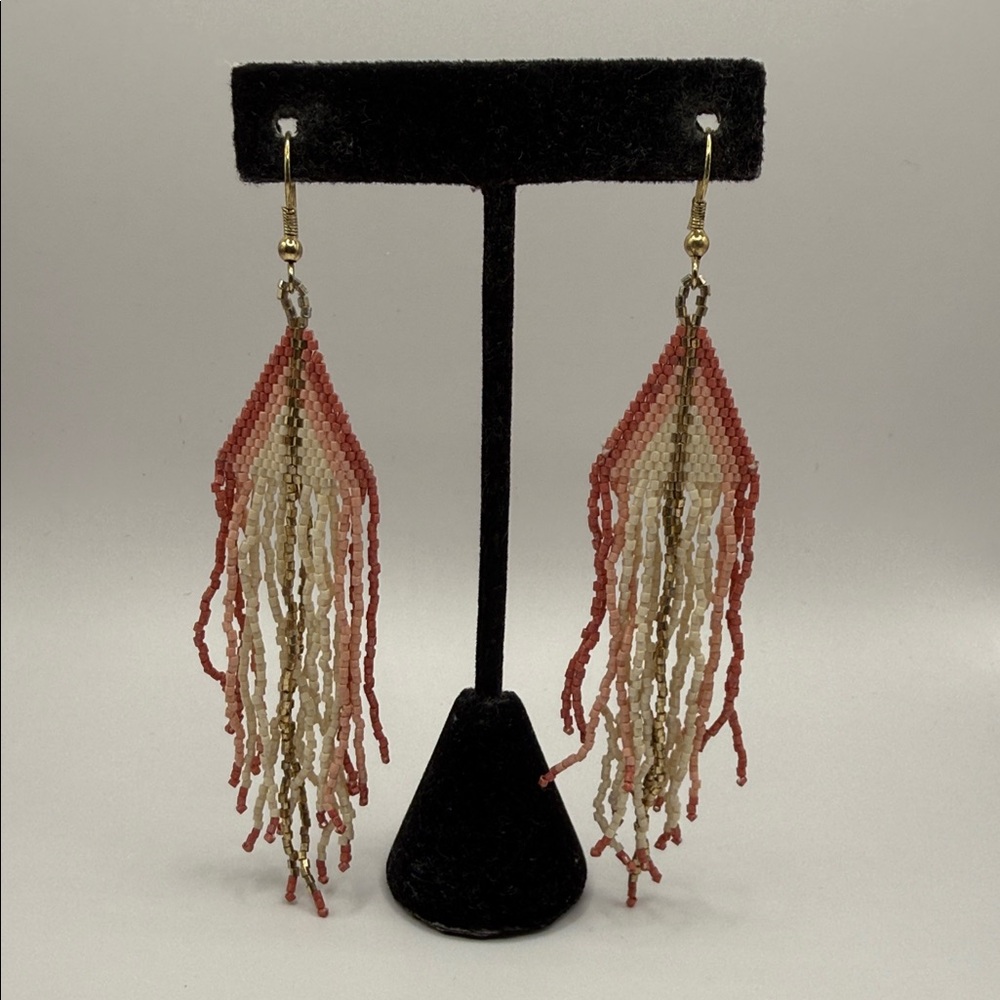 Vintage Boho Native American Style Pink White Gold Seed Beaded Dangle Earrings